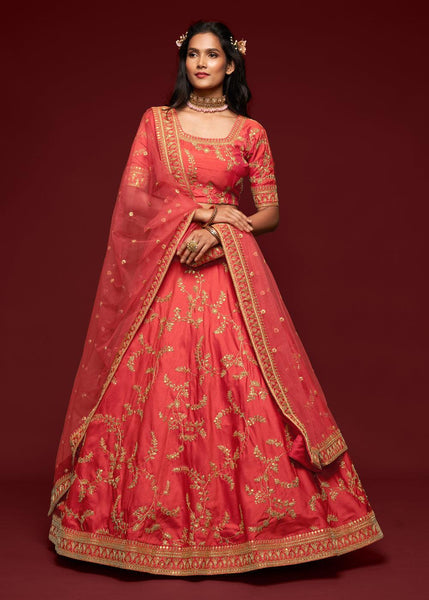 Flame Red Georgette Embroidered Lehenga With Net Dupatta