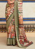 Cream And Green Woven Banarasi Printed Soft Silk Saree