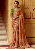 Apricot Peach Heavy Embroidered Designer Silk Saree