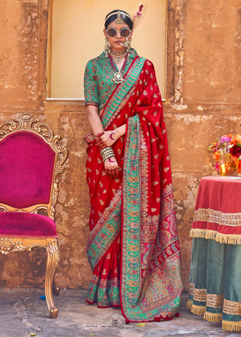 Cherry Red Printed Kashmiri Jamewar Saree