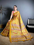 Mustard Kota Doriya Kalamkari Print Saree