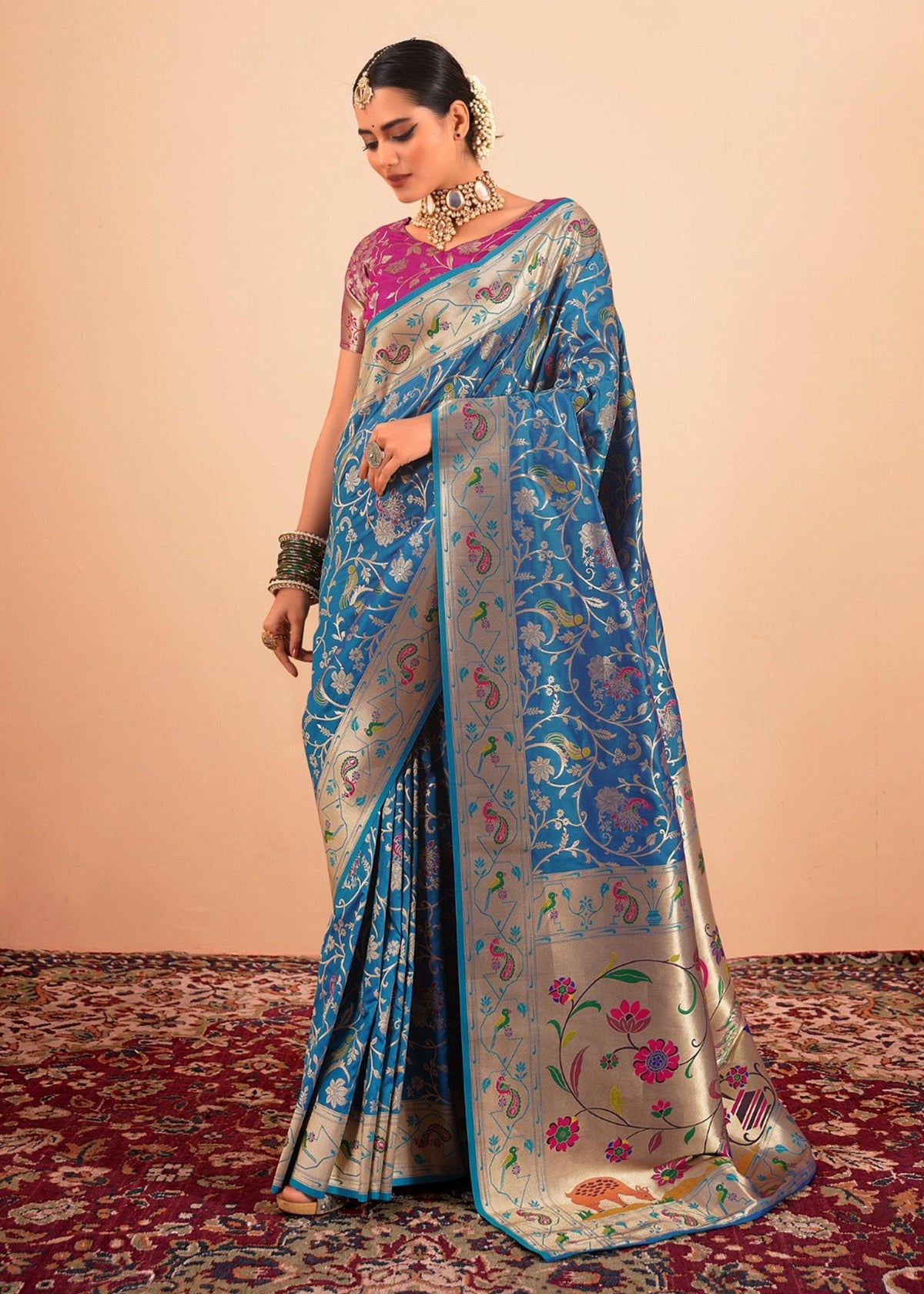 Alaskan Blue Woven Paithani Silk Saree With Contrast Blouse