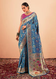 Alaskan Blue Woven Paithani Silk Saree With Contrast Blouse