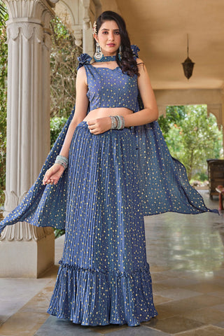 Georgette Metallic Foil Work Blue Grey Stylish Lehenga Choli - women's fashion mart