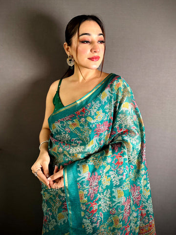 Teal Kota Doriya Kalamkari Print Saree