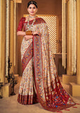 Beige And Maroon Woven Patola Soft Silk Saree