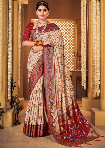 Beige And Maroon Woven Patola Soft Silk Saree
