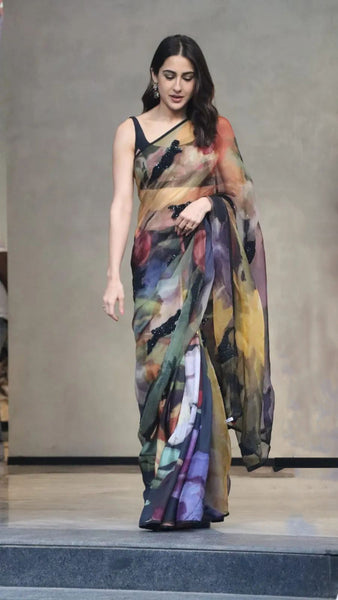 Sara Ali Khan Wear Multi Design Work Saree -BollywoodSaree Default Title women's fashion mart