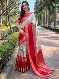 Cream Colour Double Border Chex Weaving Banarasi Soft Silk Saree  women's fashion mart