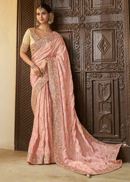 Blossom Pink Heavy Embroidered Designer Silk Saree