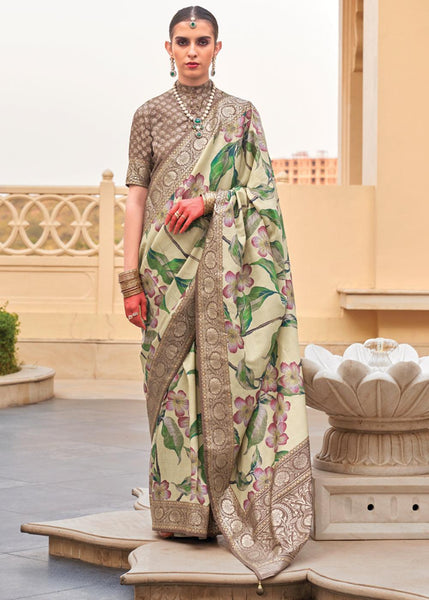 Cream And Beige Floral Printed Soft Silk Saree
