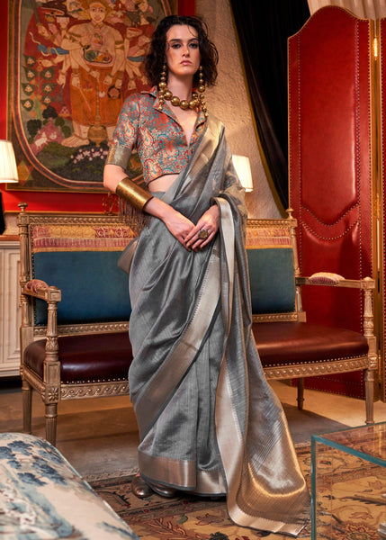 Steel Grey Chiffon Silk Saree With Contrast Blouse