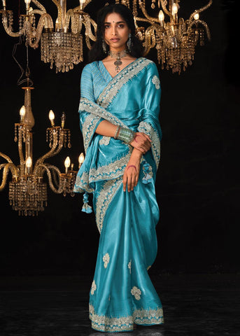 Delight Blue Woven Embroidered Designer Tissue Silk Saree