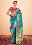 Dive Blue Woven Paithani Silk Saree With Contrast Blouse