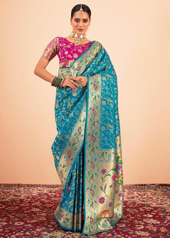 Dive Blue Woven Paithani Silk Saree With Contrast Blouse