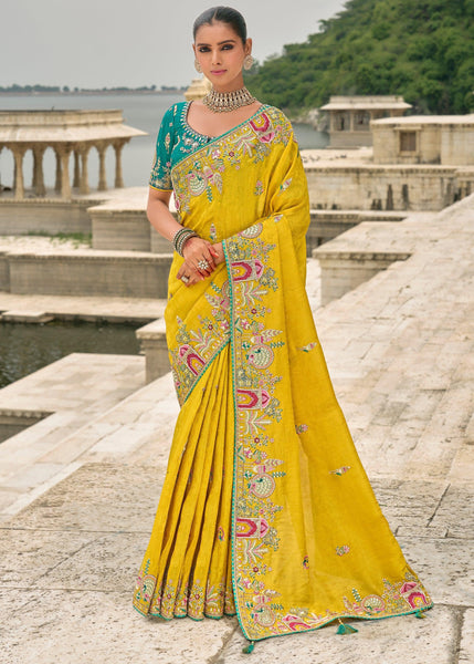 Empire Yellow Designer Embroidered Silk Saree