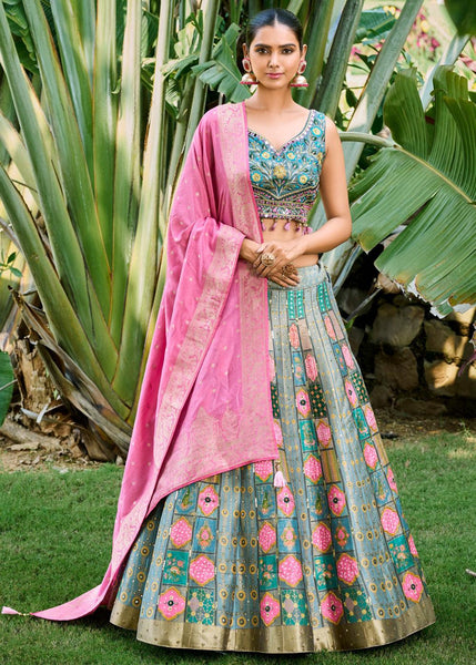 Blue And Pink Heavy Designer Lehenga Set With Embroidered Blouse