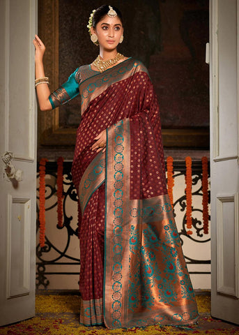 Claret Maroon Woven Banarasi Silk Saree