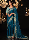 Coral Blue Heavy Embroidered Designer Silk Saree With contrast Blouse