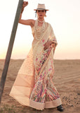 Soft Cream Woven Linen Silk Saree With Floral Print