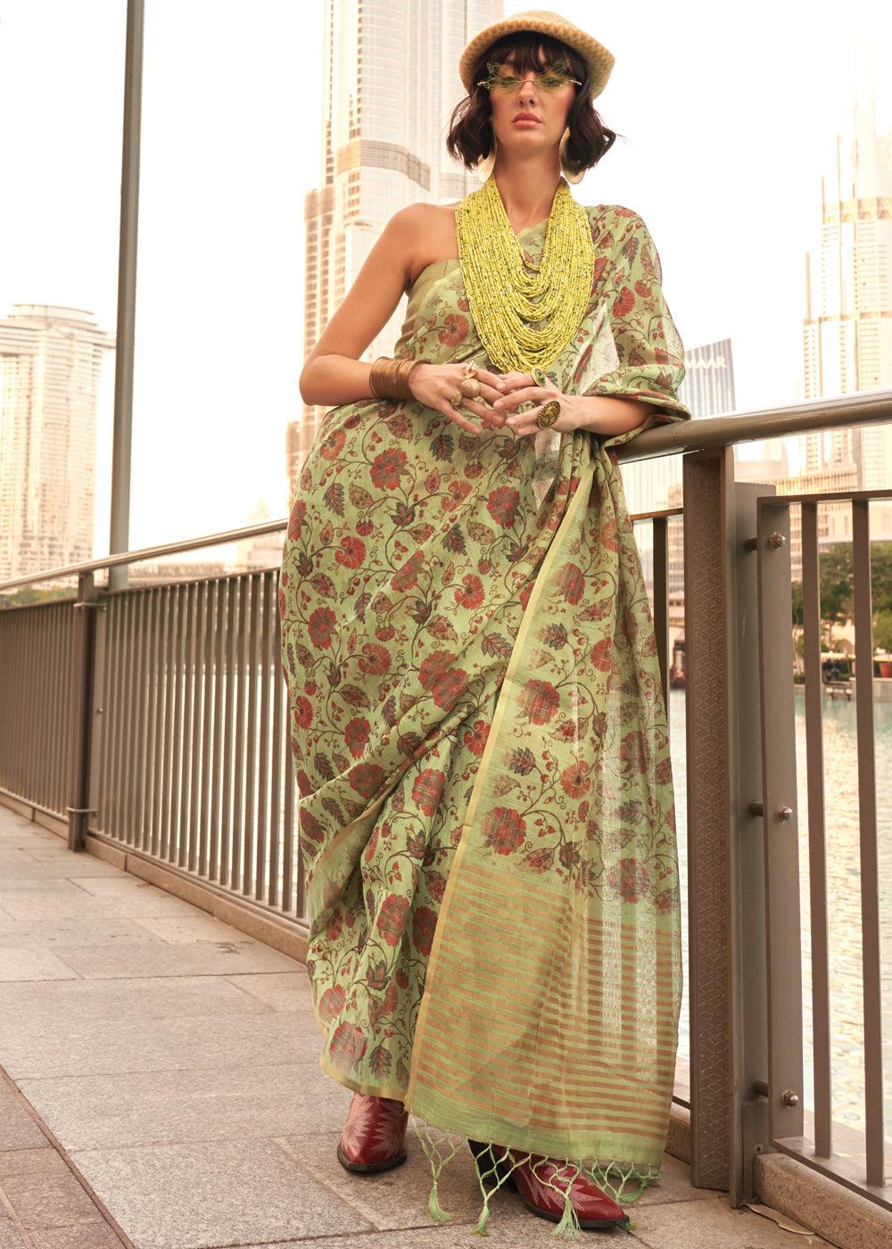 Pistachio Green Printed Tissue Banarasi Silk Saree