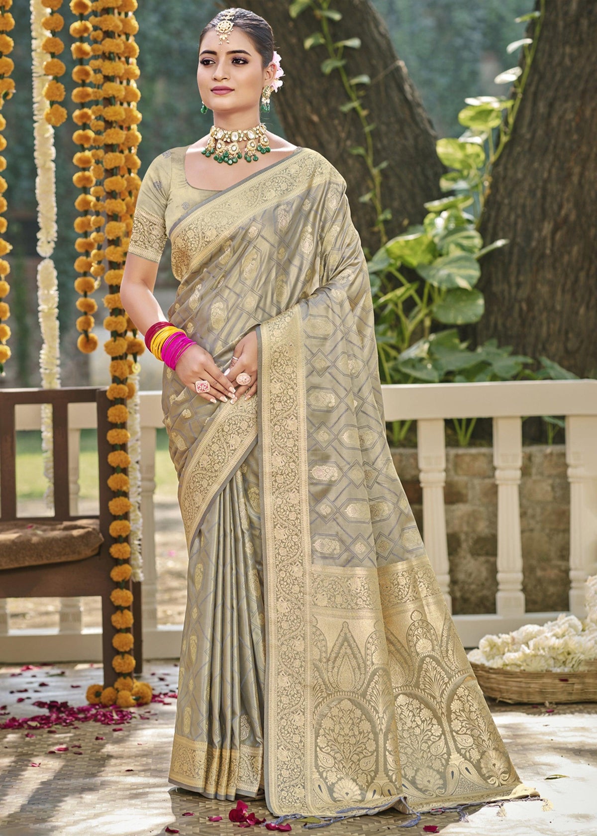 Moss Grey Woven Banarasi Satin Silk Saree