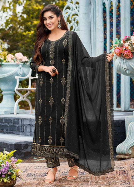 “Exclusive Offer” : Pebble Black Georgette Unstitched Suit Set