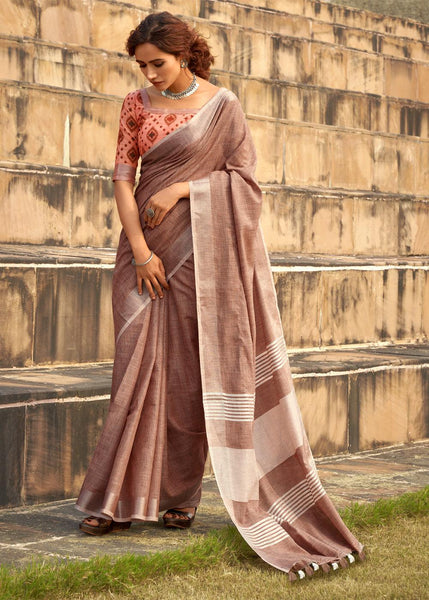 Earthy Brown Woven Linen Saree With Khadi Print Blouse