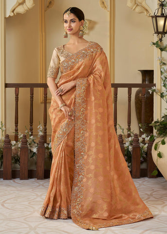 Apricot Orange Heavy Embroidered Designer Silk Saree