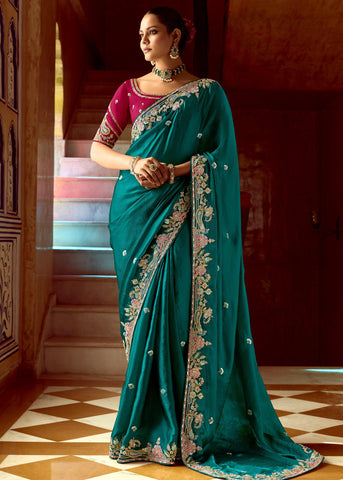 Tropical Green Heavy Embroidered Designer Silk Saree