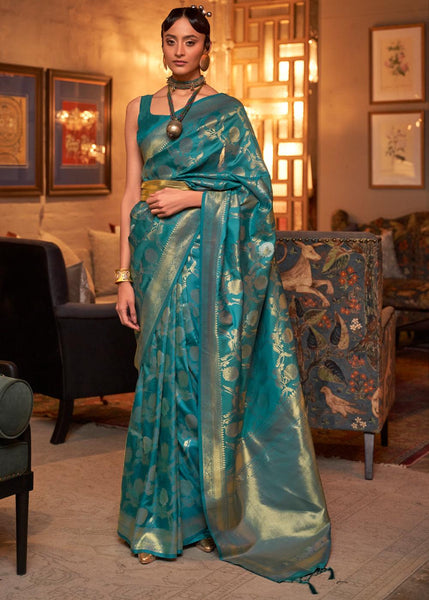 Alluring Blue Woven Banarasi Brocade Silk Saree