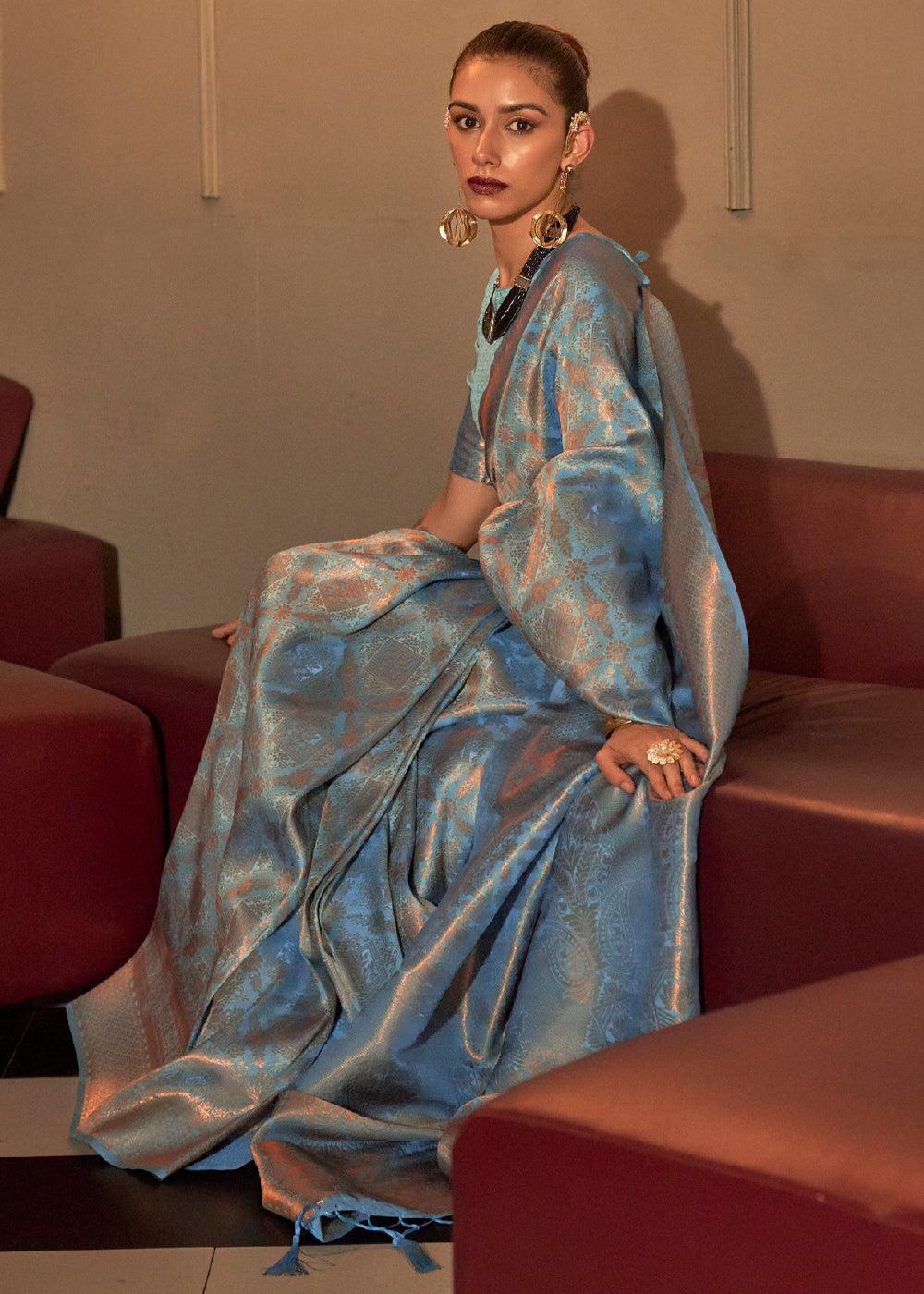 Vista Blue Woven Royal Kanjivaram Silk Saree