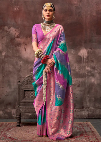 Glorious Purple-Green Rangkaat Handloom Silk Saree - women's fashion mart