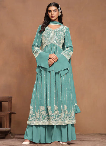 Extraordinary Aqua Blue White Embroidered Kurta Palazzo Suit - women's fashion mart