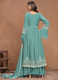 Extraordinary Aqua Blue White Embroidered Kurta Palazzo Suit - women's fashion mart