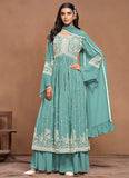 Extraordinary Aqua Blue White Embroidered Kurta Palazzo Suit - women's fashion mart