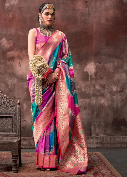 Stunning Blue-Pink Rangkaat Handloom Silk Saree - women's fashion mart