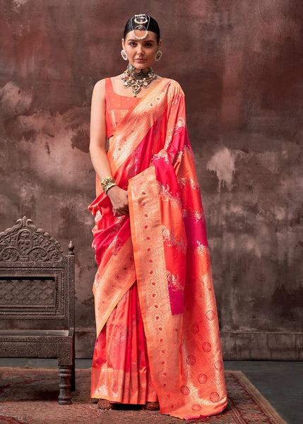 Radiant Orange-Pink Rangkaat Handloom Silk Saree - women's fashion mart