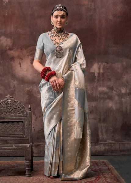 Gorgeous Grey-Cream Rangkaat Handloom Silk Saree - women's fashion mart
