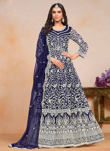 Fiery Dark Blue Designer Embroidered Anarkali Gown - women's fashion mart