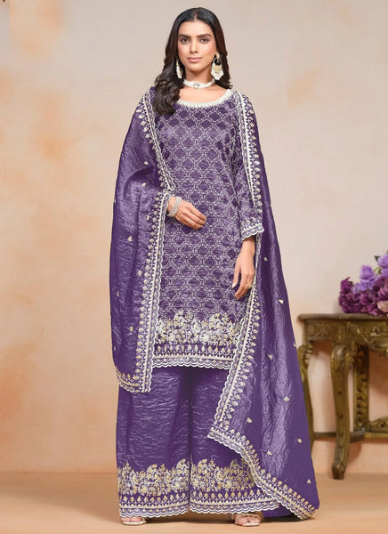 Passionate Purple Crush Embroidered Work Palazzo Suit - women's fashion mart
