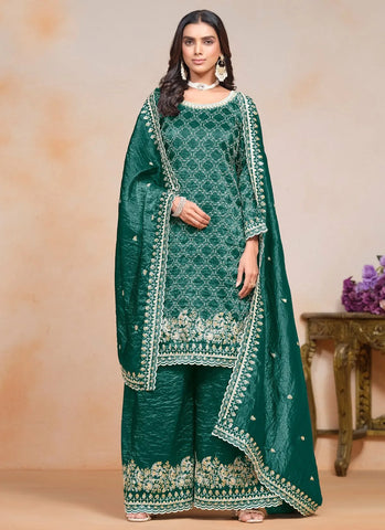 Dazzling Dark Green Crush Embroidered Work Palazzo Suit - women's fashion mart
