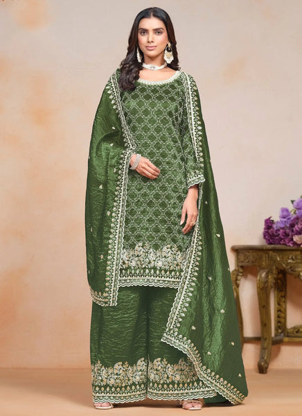 Outstanding Olive Crush Embroidered Work Palazzo Suit - women's fashion mart