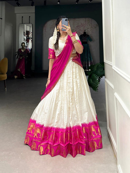 Pink Color Chex With Zari Weaving Work Poly Cotton Lehenga Choli -south choli Unstitched / Semi-Stitched / Semi-Stitched women's fashion mart