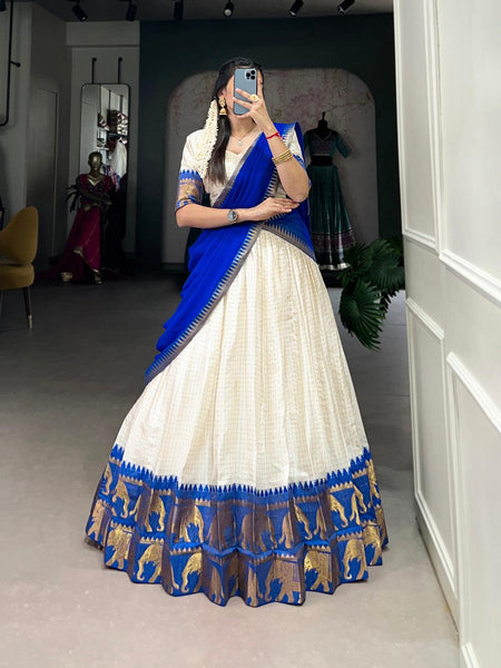 Royal Blue Chex Poly Cotton Pattu Lehenga Choli with Elegant Zari Weaving  women's fashion mart