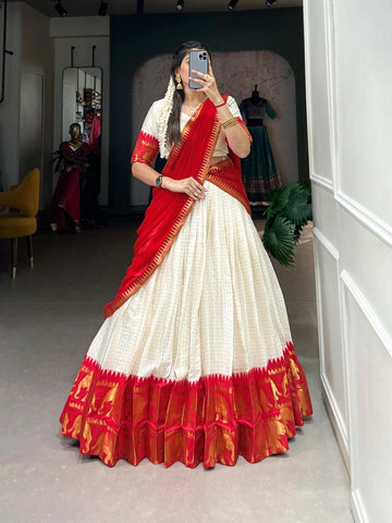 Red Half Saree Lehenga Choli with Zari Weaving Detail in Poly Cotton  women's fashion mart