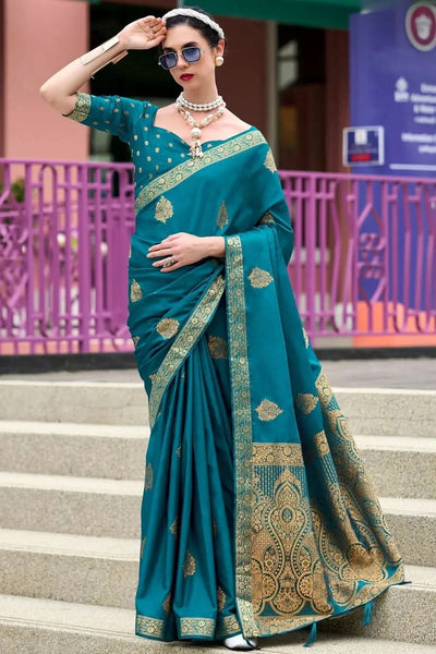 Mosque Blue   Banarasi Handloom Saree - women's fashion mart