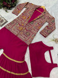 sequence embroidery work koti with palazzo full stitched suit -Designer Suit Red women's fashion mart