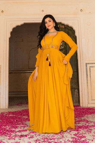 Regal Mustard Georgette Anarkali Adorned With Intricate Embroidery