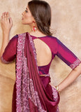 Elegant Wine Satin Crepe Silk Embroidered Ready To Wear Saree - women's fashion mart